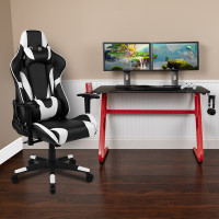 Flash Furniture BLN-X20RSG1030-BK-GG Red Gaming Desk and Black Reclining Gaming Chair Set with Cup Holder and Headphone Hook